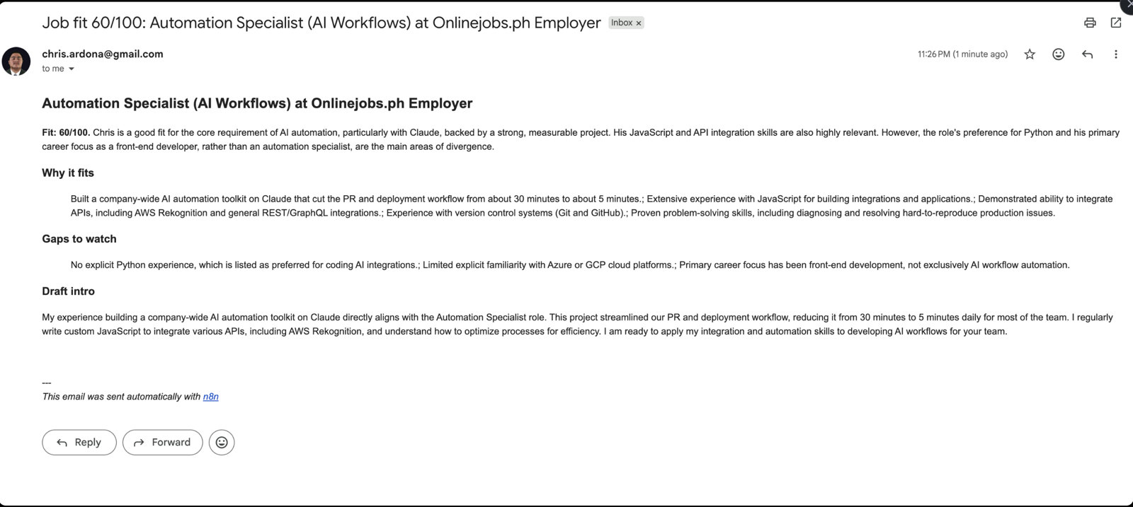 Automated email with fit score, strengths, gaps, and a drafted intro